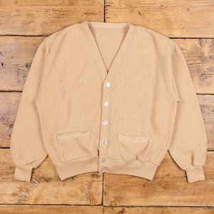 Vintage Cardigan L 80s Womens Button V-Neck Beige