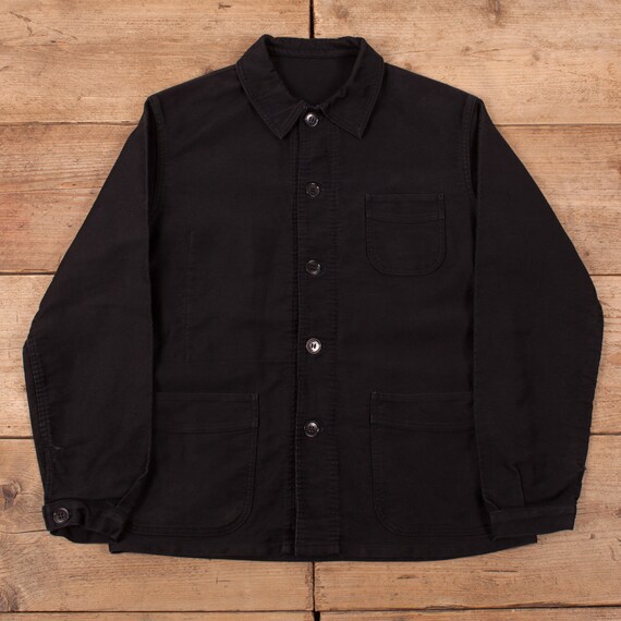 Vintage French Workwear Jacket S Le Mont Saint-Michel 50s Moleskin Black Chore