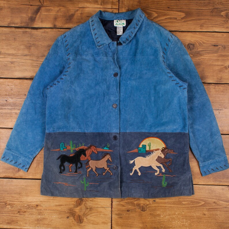 Vintage the Quacker Factory Leather Jacket XL 90s Running Horses Blue ...