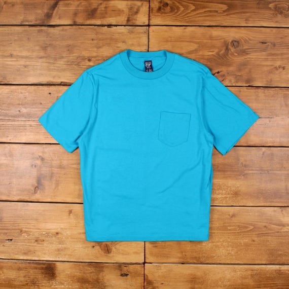 Vintage Single Stitch T Shirt Blank L 90s USA Made Lands End Blue 