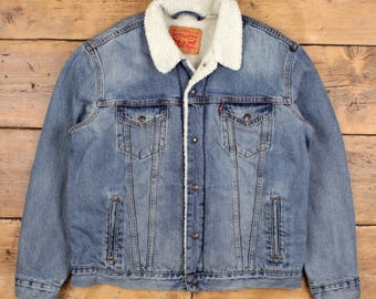 Levi's Denim Jacket L Trucker Sherpa Lined Blue