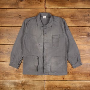 Vintage French Workwear Jacket M Distressed Grey Long Button Chore Utility