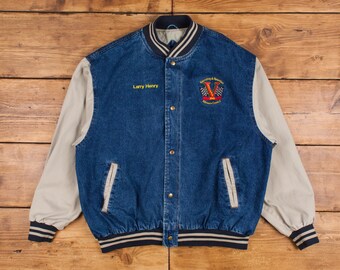 Vintage Tri Mountain Varsity Jacket L 90s Bomber Denim Blue