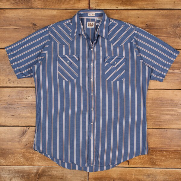 Vintage Ely Cattleman Western Shirt Snap XL 90s Snap Stripe Tall Man Mens Blue
