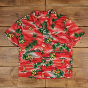 Camisa hawaiana M para hombre, botones, estampado floral tropical, cuello tipo campamento, color rojo playa Aloha