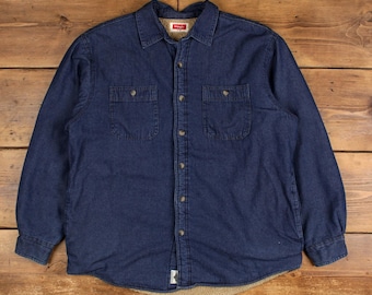 Vintage Wrangler denim overhemd knoop L fleece gevoerd heren lange mouw blauw effen