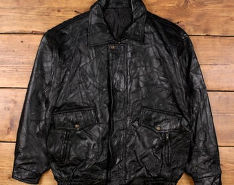 Vintage 80s Patchwork Real Leather Bomber Jacket: Black Genuine