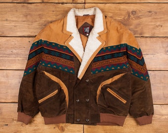 Vintage SUI Leather Jacket L Aztec Western Brown Button