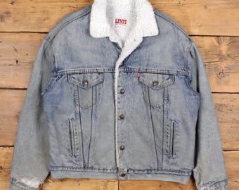 Vintage Levi's Denim Jacket L 80s Trucker Acid Wash Sherpa Lined USA Made Blue