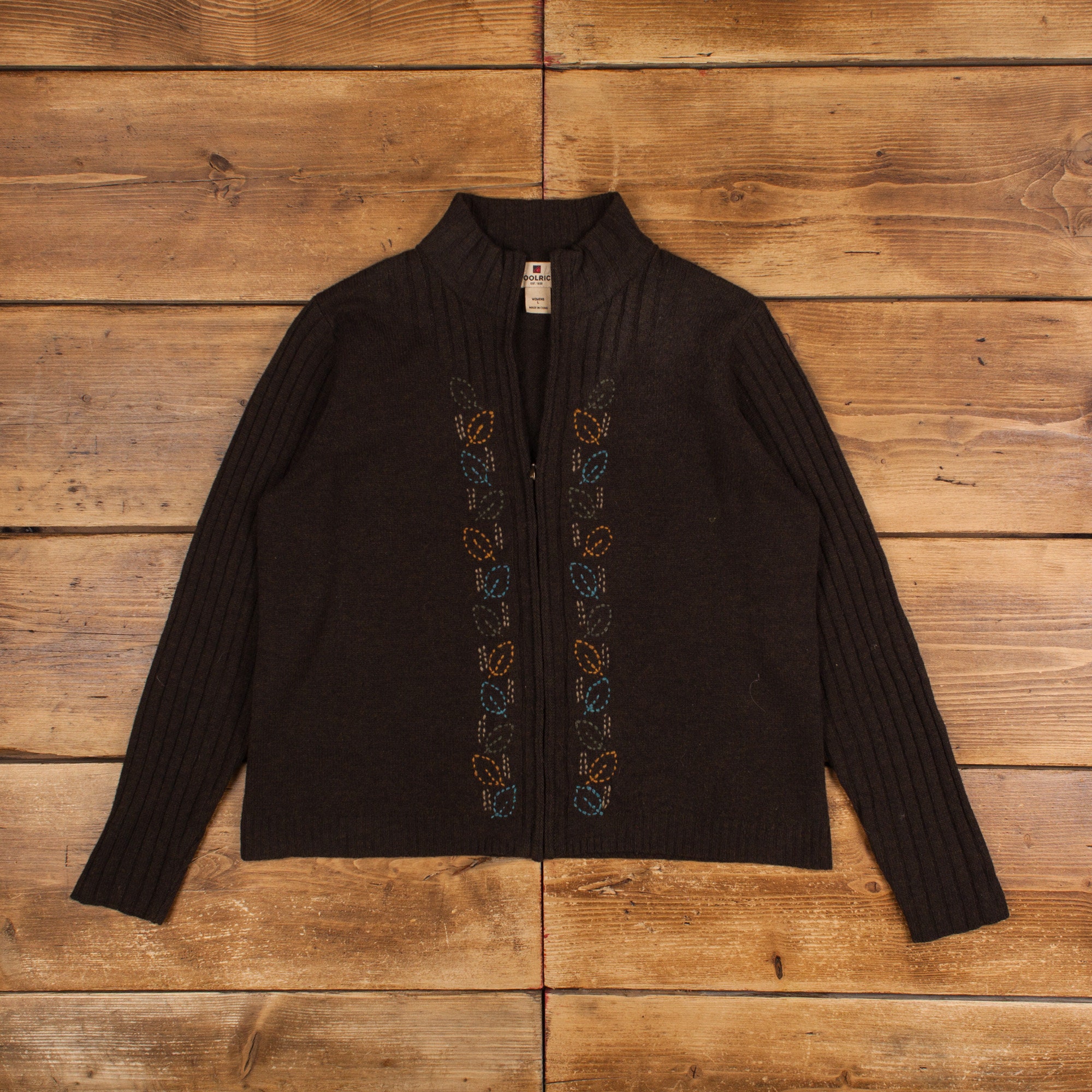Vintage Woolrich Full Zip Cardigan L Khaki Hand Embroidered Leaf