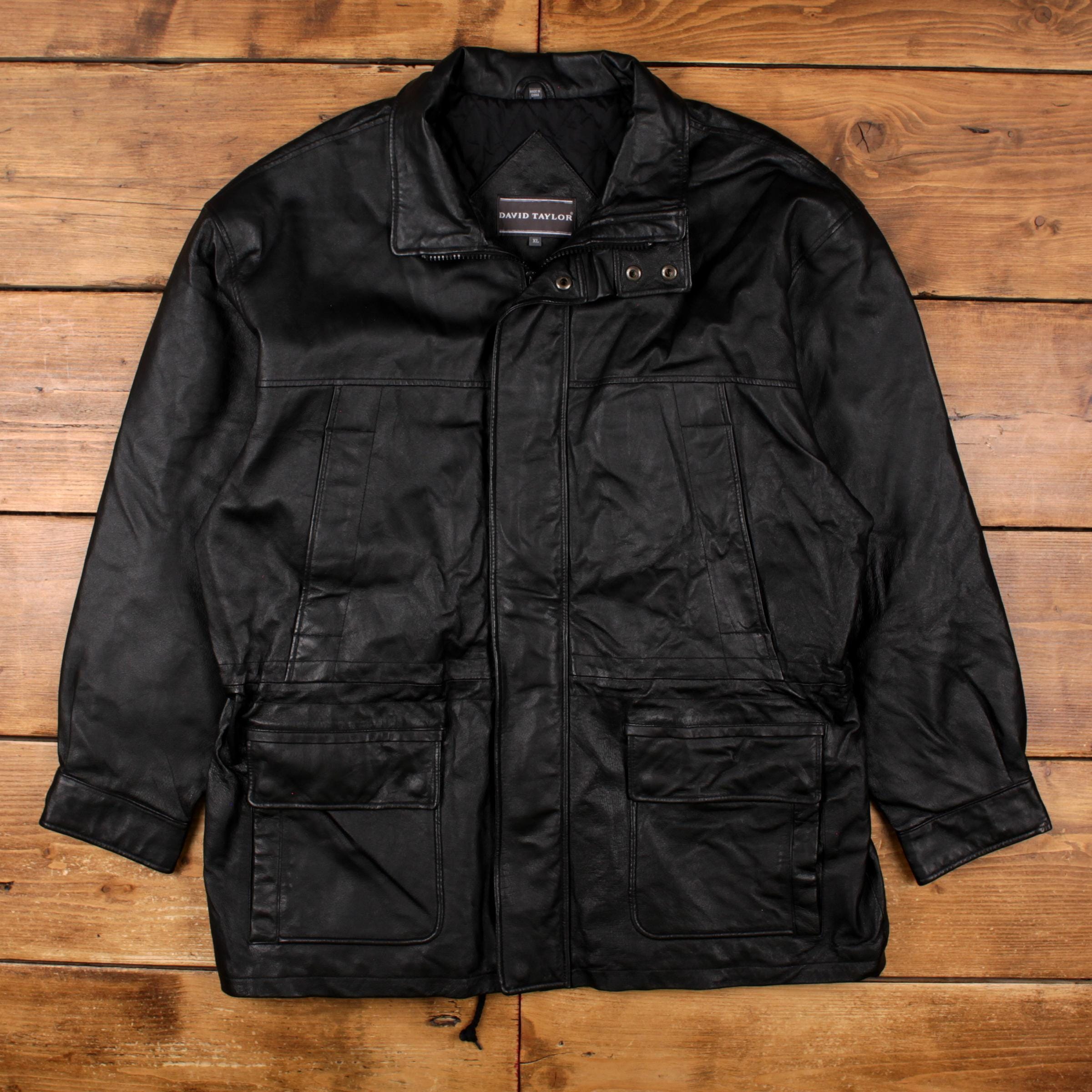 Vintage David Taylor Leather Jacket XL Mens Black Lined Outerwear