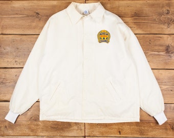 Vintage Windjammer Coach Jacket L 90s Embroidered Patch USA Made Cream Snap