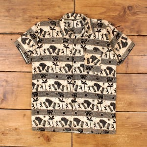 Vintage Aztec pattern Shirt Button S 80s Mens Short Sleeve Beige Striped