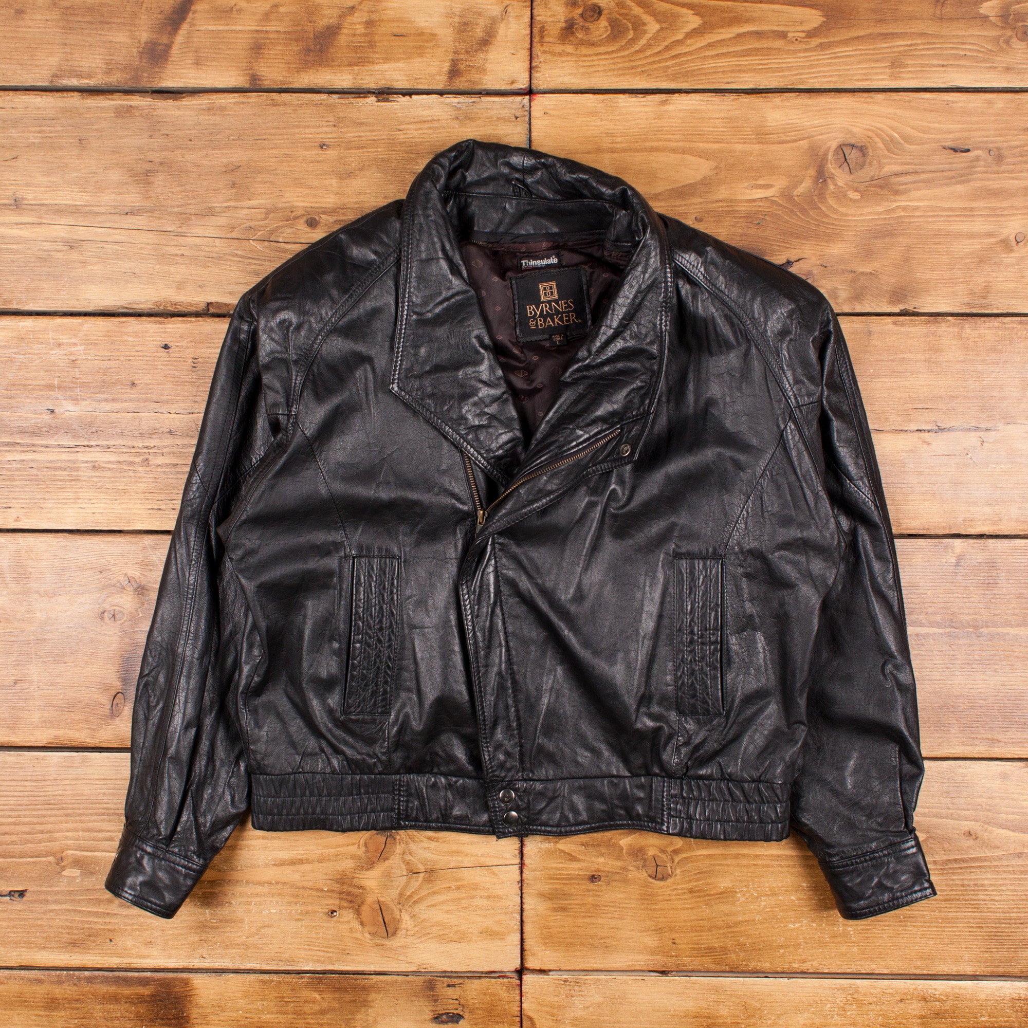 Vintage Byrnes & Baker Leather Jacket L Biker Thinsulate Black Zip 