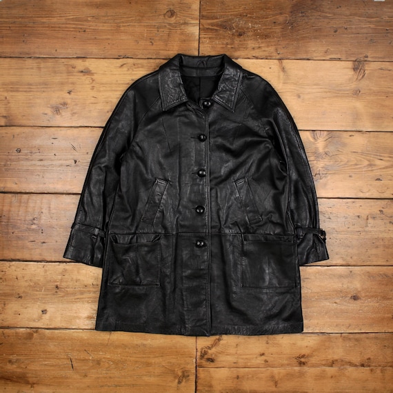 Vintage Leather Jacket L 80s Overcoat Raglan Black Womens