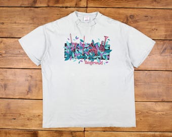 Vintage Oneita Single Stitch T Shirt Graphic 2XL 90s USA Made Thrashed Green