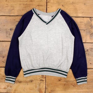 Vintage Blank Sweatshirt S 80s Raglan V-Neck Homme Gris