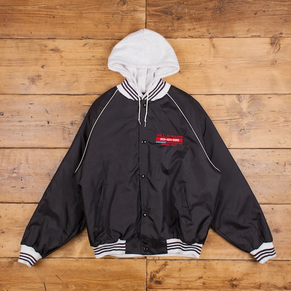 Vintage Satin Bomber Jacket L 90s Full Zip Hooded Black Varsity