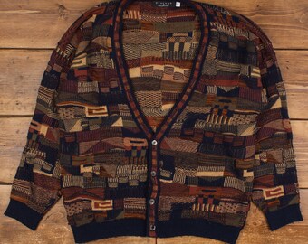 Vintage Protege Cardigan 2XL 80s 3D Knit Abstract USA Made Patterned Button