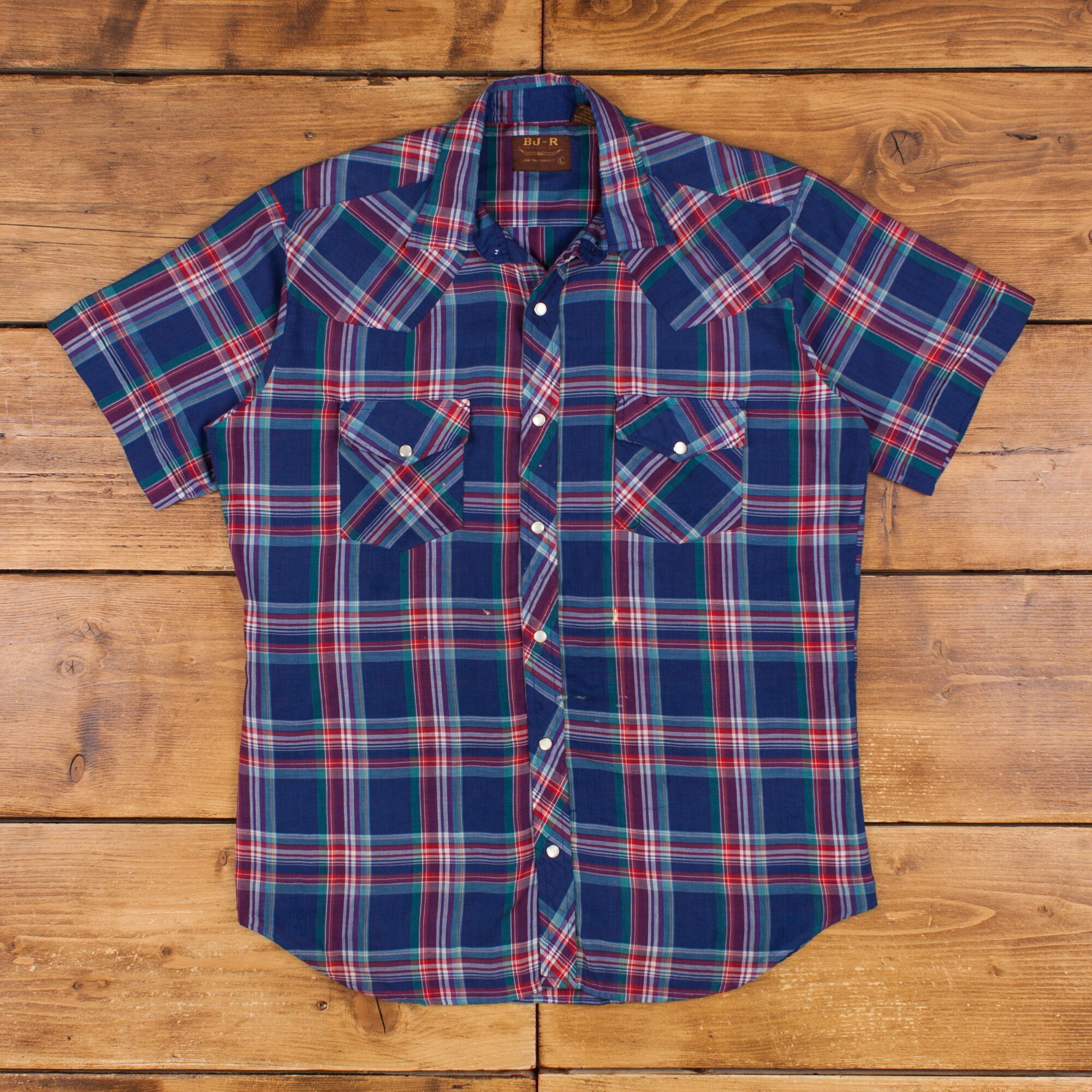 Vintage BJ R Plaid Shirt Snap L Double Pocket Mens Short Sleeve Blue Plaid