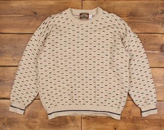Vintage C J Cotton Company Jumper Sweater XL 90s Geometric Roundneck Beige