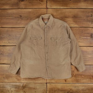 Vintage Rugged Wear Corduroy Shirt Button L Quilt Lined Mens Long Sleeve Cream