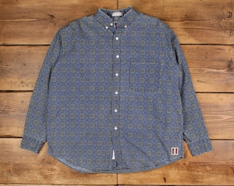 Camisa casual vintage Gant con botones para hombre, manga larga, azul, geométrica