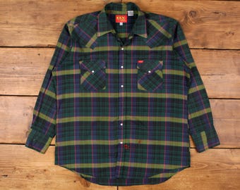 Vintage Ely Plains Western Shirt Snap L 90s Mens Long Sleeve Green Check