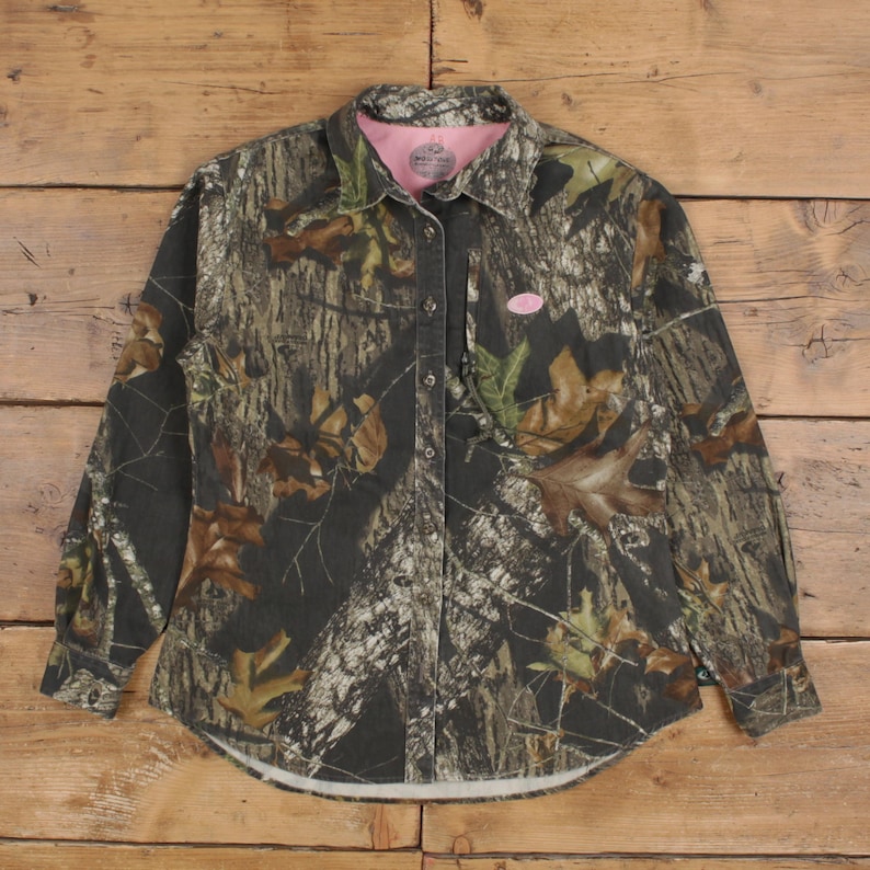 Camisa vintage de roble musgoso con botones de árbol real, talla M, para mujer, manga larga, color marrón camuflaje imagen 1
