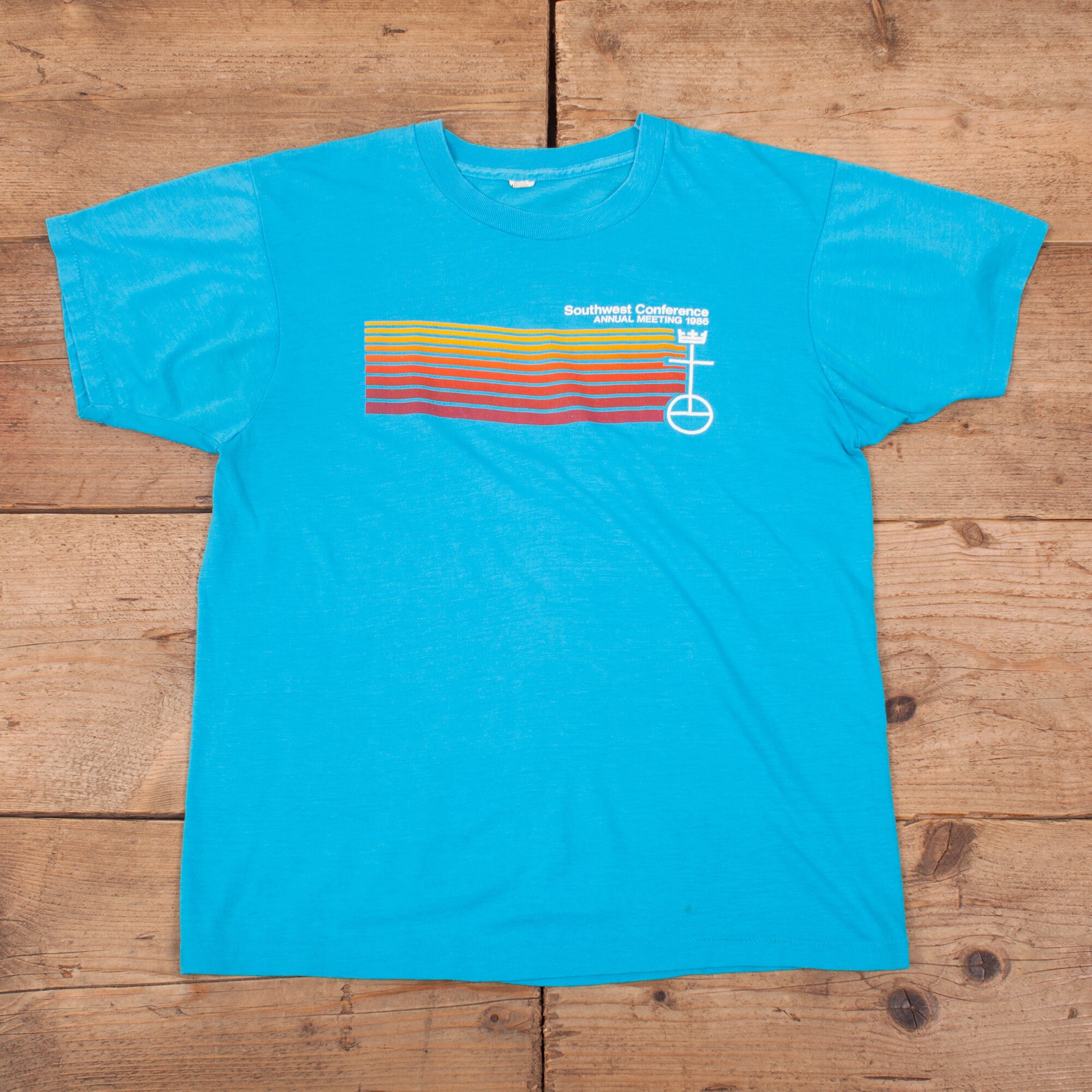 Image of Mens Vintage 80S Usa Made Blue Single Stitch Graphic Print T-Shirt M 38" R18321