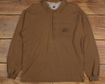Vintage Polo Shirt T Shirt L USA Made Boston Traders Long Sleeve Brown Tee