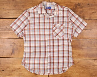 Vintage JCPenney Check Shirt Button L Mens Short Sleeve Brown Plaid