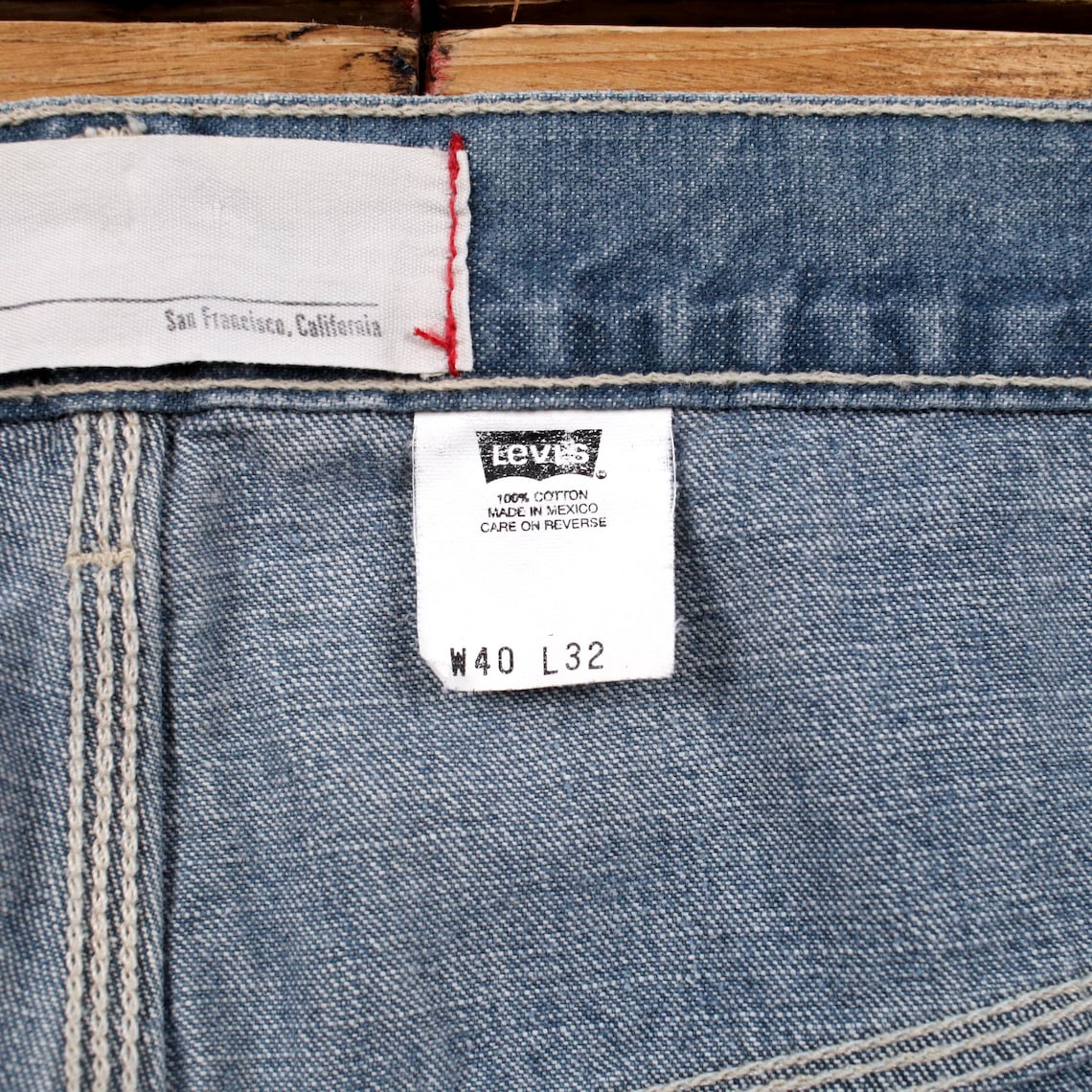 Vintage Levis Carpenter Jeans 40x32 90s Blue Faded Medium Stonewash Wide Denim, foto 3 di 5