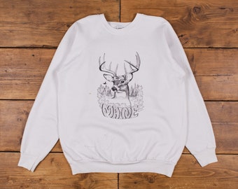 Vintage Grafik Sweatshirt XL 80er Jahre USA Made Stag Nature Rundhals Herren Weiss