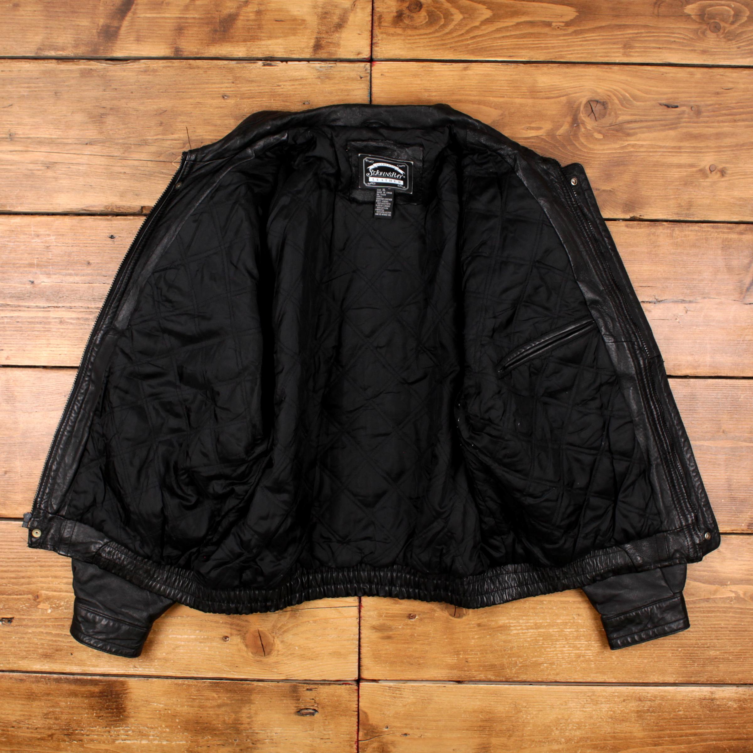 Vintage St John's Bay Leather Jacket XL Bomber Black - Etsy Denmark
