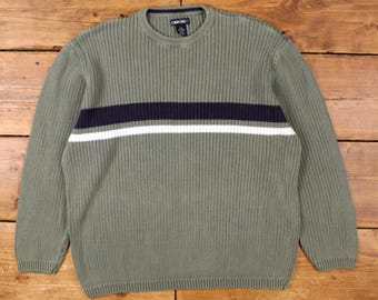 Cherokee Sweater Jumper 2XL Mens Cotton Blend Ramie Ribbed Striped Green Knit
