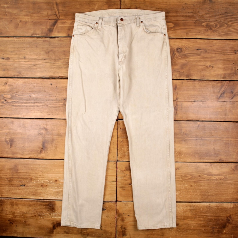 Vintage Wrangler Straight Jeans 38x34 90s Beige Zip Fly Mid Rise Denim Bild 1