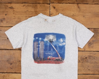 Vintage Graphic T Shirt Large Thrashed Anvil NYFD 9/11 Memorial Grey Tee