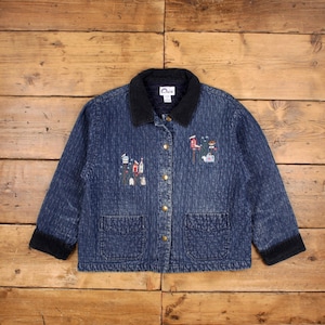 Vintage Rainbow Denim Jacket XL Quilted Denim Embroidered Blue Womens