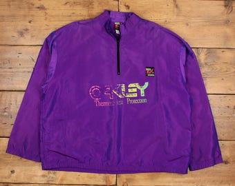 Chaqueta cortavientos estilo surf vintage, talla 2XL, años 90, cremallera 1/4, color morado holográfico