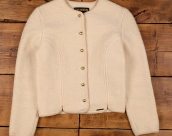 Jaqueta vintage Geiger de lã fervida, tamanho P feminino, anos 80, lã, 36, cardigã austríaco.