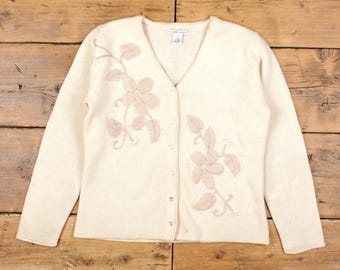 Vintage Jillian Jones Cardigan S 90s Embroidered Floral Lambswool Womens Wool