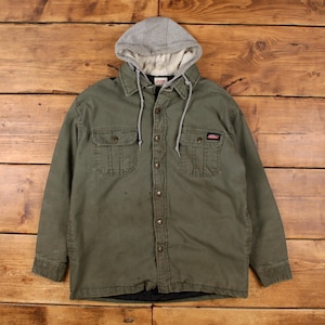 Dickies Workwear Jacket L Mens 00s Green Cotton Canvas Hooded Olive Lined