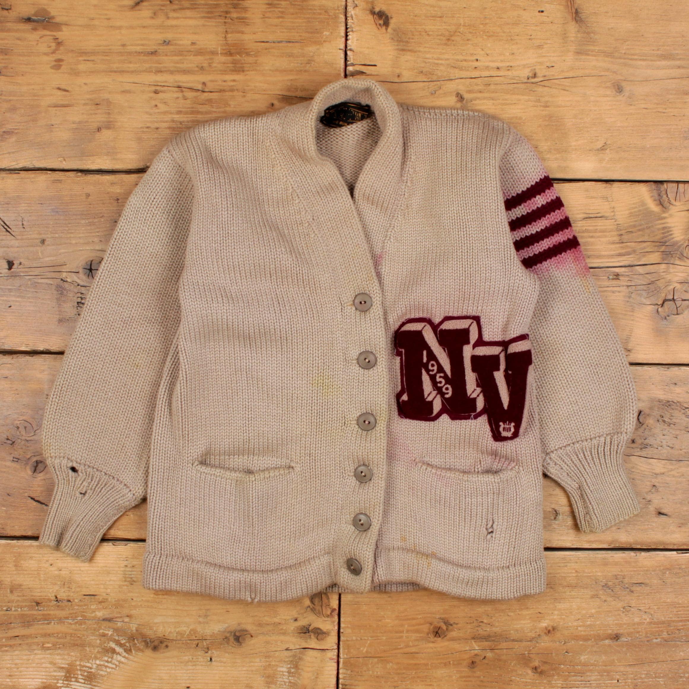 Vintage Cardigan S 50s Letterman Preppy Womens V-neck Wool Beige