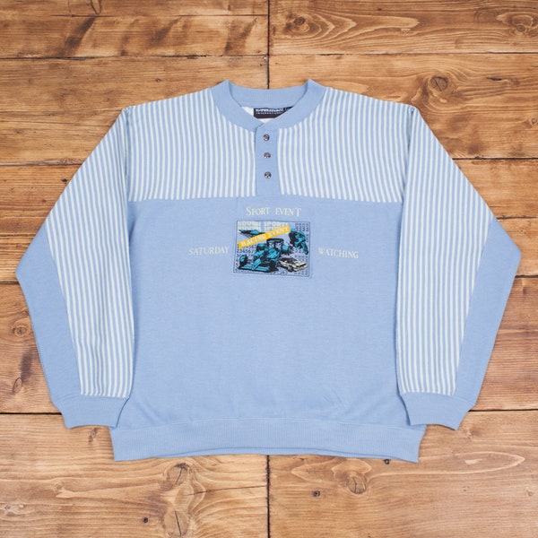 Mens Vintage 90s International Pastel Blue Button Collar Sweatshirt M R20580
