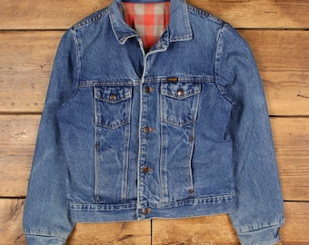 Vintage Wrangler Workwear Jacket S 90s Denim Trucker Buffalo Plaid Blue Womens