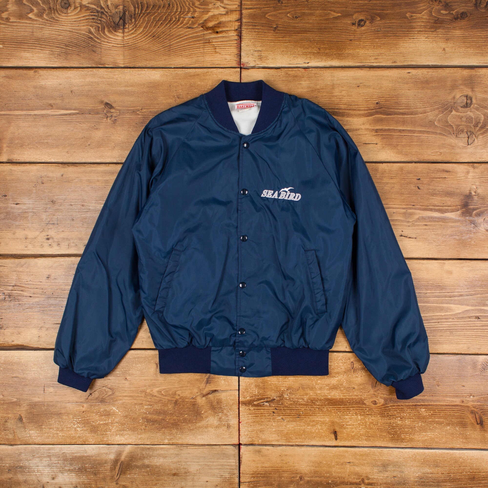 Vintage Hartwell Varsity Jacket M 90s Sea Bird USA Made Satin Blue  