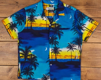Vintage Shoreline Hawaii Hawaiian Shirt Button L USA Made 90s Palm Tree Mens