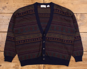 Vintage Murano Cardigan XL 90s Icelandic Geometric Button V-Neck Brown