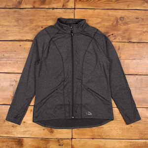 May include: A charcoal grey long-sleeve athletic jacket featuring a full-length black front zip, a mock neck collar, and two slanted zipped pockets on the front. The jacket includes thumb holes at the cuffs and a small logo on the lower right.